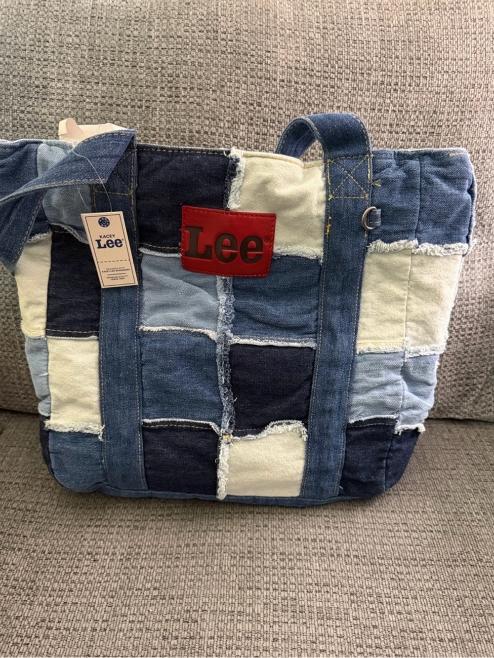Lee Patchwork Denim Tote in Mixed Blues and Cream